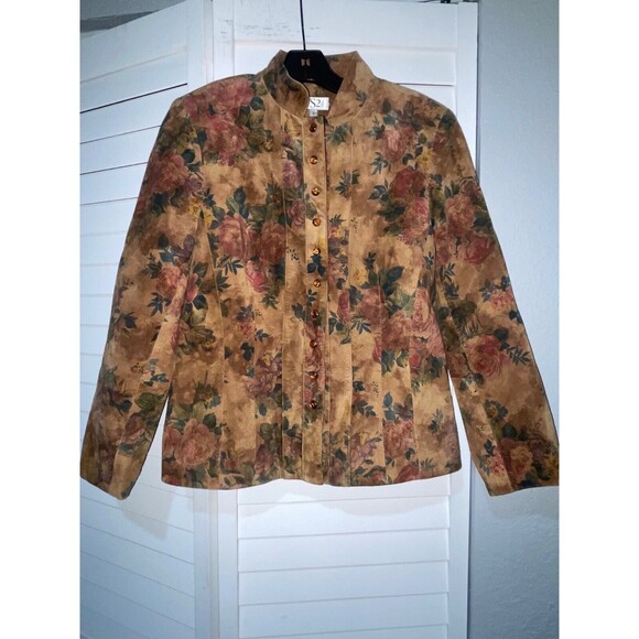 VS2 Women’s Genuine Suede Floral Jacket size S Snap Front Stand Collar Shacket - Picture 12 of 12
